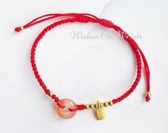 Red String Bracelet/Anklet, Red Wish Lucky Bracelet w. Pink Agate Peace Buckle/Donut Charm & Gold-plated Fortune Charm, Protection Bracelet