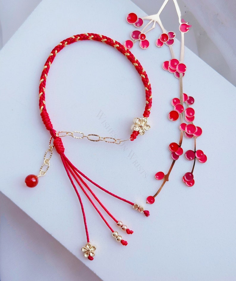 Red String Bracelet, 14K Gold Filled Peach Flower Bracelet, Red Lucky Wishes Bracelet, Bracelet for Protection, Hanfu Bracelet, Girl's Gift image 2