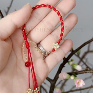 Red String Bracelet, 14K Gold Filled Peach Flower Bracelet, Red Lucky Wishes Bracelet, Bracelet for Protection, Hanfu Bracelet, Girl's Gift image 3