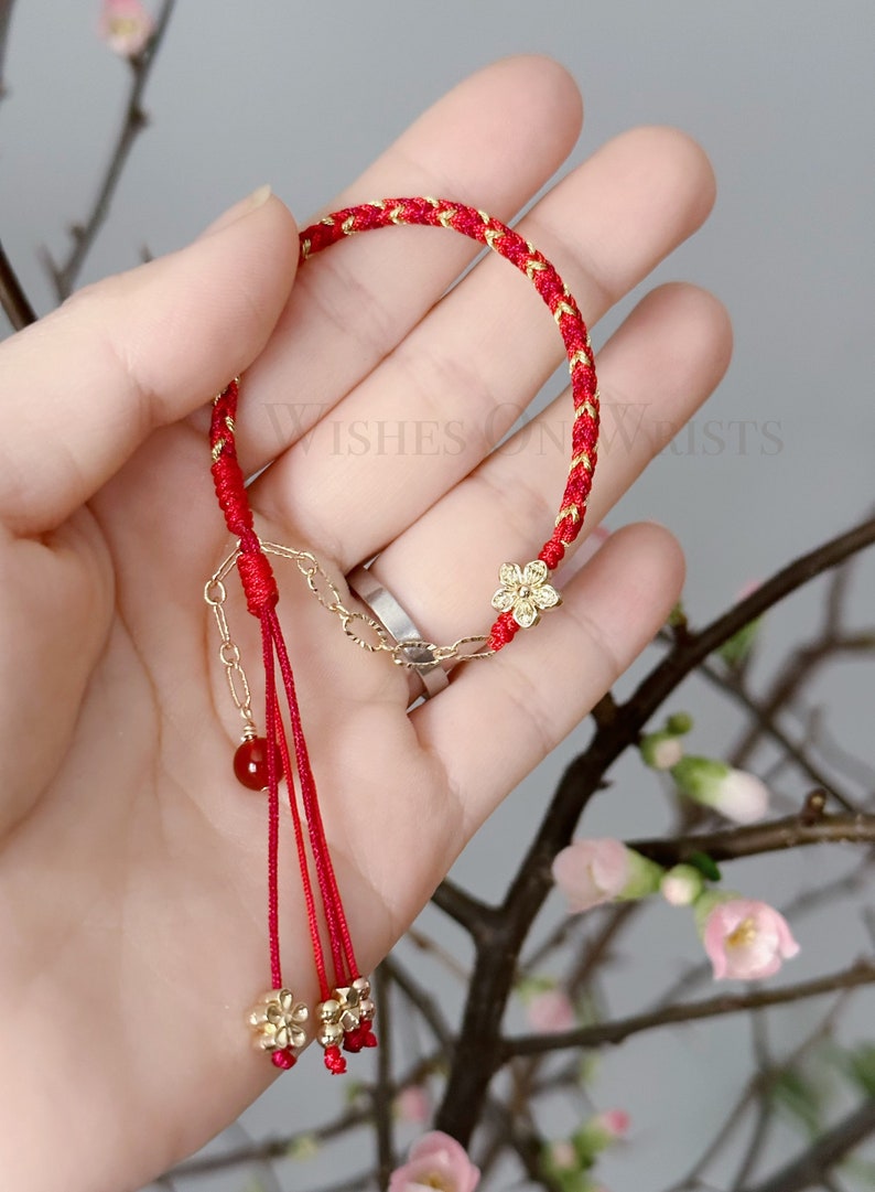 Red String Bracelet, 14K Gold Filled Peach Flower Bracelet, Red Lucky Wishes Bracelet, Bracelet for Protection, Hanfu Bracelet, Girl's Gift image 3