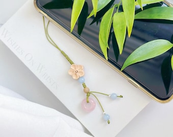 Phone Charm | Wood Floral Phone Chain | Bookmark | White Jade Peace Buckle Phone Strap | Cellphone Accessory | Cell Phone Strap | Phone Grip