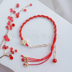 Red String Bracelet, 14K Gold Filled Peach Flower Bracelet, Red Lucky Wishes Bracelet, Bracelet for Protection, Hanfu Bracelet, Girl's Gift image 6