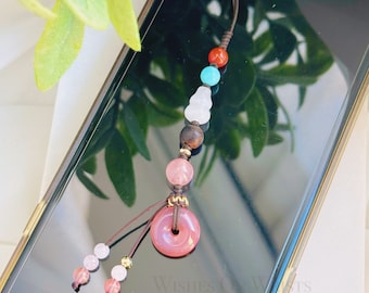 Phone Charm | Crystal Jade Phone Grip | Red Agate Peace Buckle Phone Strap | Healing Crystal Cellphone Case Charm | Hanfu Accessory | Gift