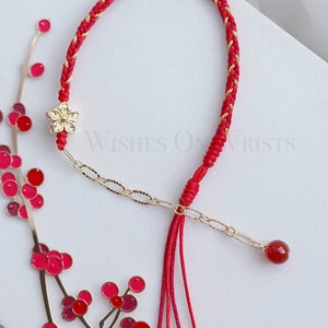 Red String Bracelet, 14K Gold Filled Peach Flower Bracelet, Red Lucky Wishes Bracelet, Bracelet for Protection, Hanfu Bracelet, Girl's Gift image 9