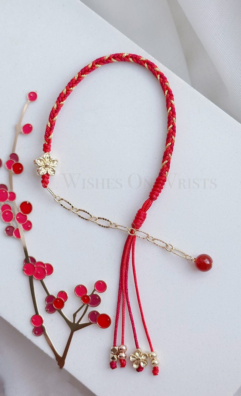 Red String Bracelet, 14K Gold Filled Peach Flower Bracelet, Red Lucky Wishes Bracelet, Bracelet for Protection, Hanfu Bracelet, Girl's Gift image 9