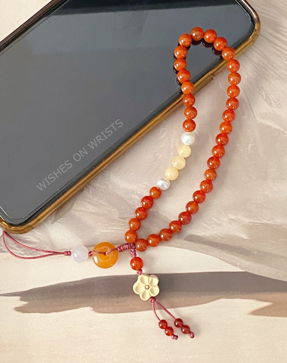Phone Strap, Red Agate Phone Chain, Real Pearl Phone Lanyard, Red Jade  Peace Buckle Phone Charm, Floral Phone Chain Wristlet, Gift for Her 