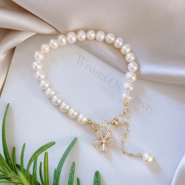 Freshwater Pearls Bracelet 6mm, Real Pearl w. Gold Filled CZ Stone Floral Charm, Wedding Jewelry, Christmas Gift, June Birthstone Gift
