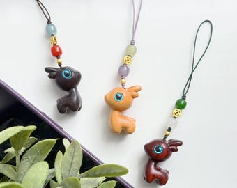 Phone Charm, Wooden Deer Charm with Gemstone Beads & Chinese Coin Charm, Lucky Abundance Prosperity Phone Strap, Cute Bag Charm, Keychain