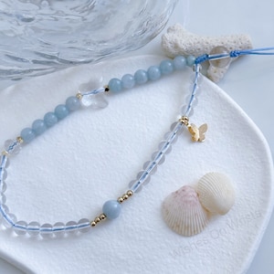 Aquamarine Crystal Beaded Phone Strap: Butterfly Charm Y2K Lanyard