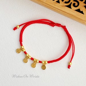 Red String Bracelet/Anklet, Red Lucky Bracelet w. Gold-Plated Good Fortune 平安喜乐 Charm, Red Protection Bracelet, Lunar New Year Bracelet Gift