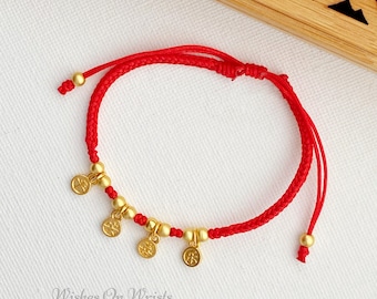 Red String Bracelet/Anklet, Red Lucky Bracelet w. Gold-Plated Good Fortune 平安喜乐 Charm, Red Protection Bracelet, Lunar New Year Bracelet Gift