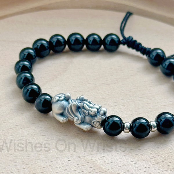 Natural Obsidian Beads 8mm PiXiu Bracelet, Sterling Silver PiYao Charm, Wealth/ Attract Money, Good Luck/ Protection Bracelet, Feng Shui 貔貅