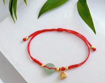 Red String Bracelet/Anklet, Jade Donut Bracelet, Lucky Wish Protection Bracelet, Gold lotus seed Charm, Gift for Her, New Year bracelet