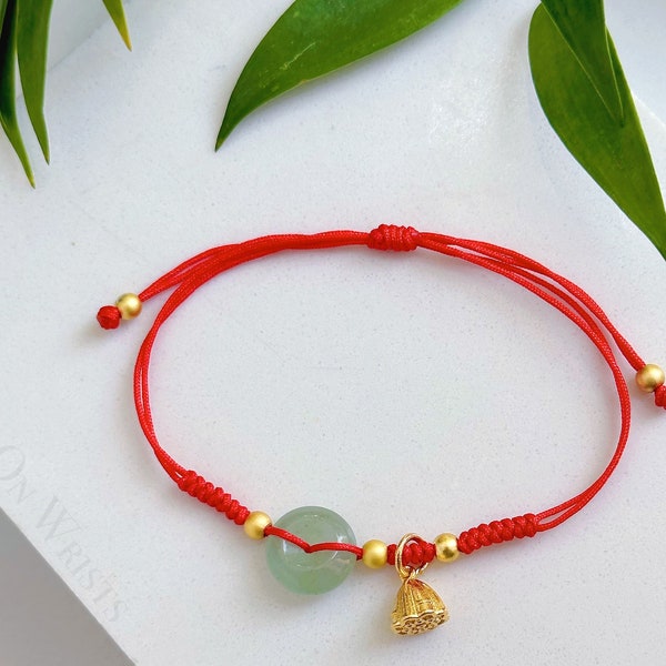 Red String Bracelet/Anklet, Jade Donut Bracelet, Lucky Wish Protection Bracelet, Gold lotus seed Charm, Gift for Her, New Year bracelet