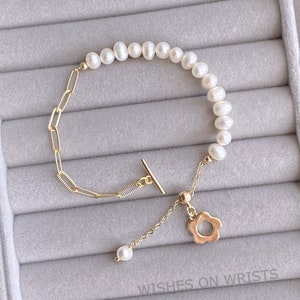 Real Pearl Bracelet, Toggle Clasp Pearl Bracelet, Half Pearl Half 14K Gold Filled Chain Bracelet, Minimalist Pearl Bracelet, Wedding Jewelry