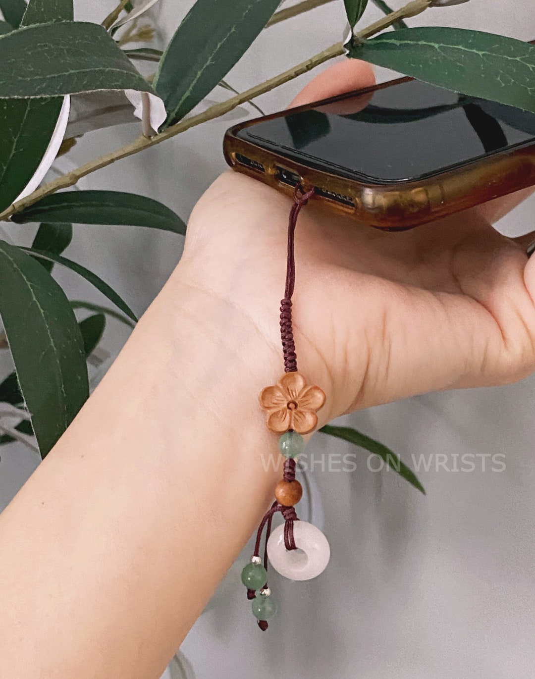 Phone Charm Wood Floral Phone Chain Bookmark White Jade Etsy