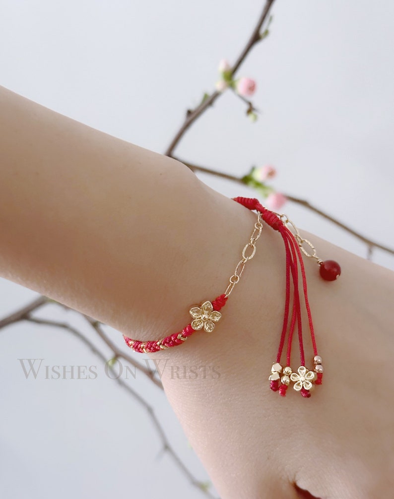 Red String Bracelet, 14K Gold Filled Peach Flower Bracelet, Red Lucky Wishes Bracelet, Bracelet for Protection, Hanfu Bracelet, Girl's Gift image 4