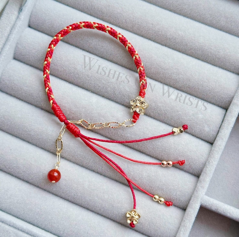 Red String Bracelet, 14K Gold Filled Peach Flower Bracelet, Red Lucky Wishes Bracelet, Bracelet for Protection, Hanfu Bracelet, Girl's Gift image 1