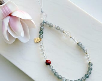 Colgante para teléfono de cristal de piedra lunar, colgante para teléfono de cristal de la suerte con cuarzo transparente y cinabrio, correa para teléfono de la buena suerte, colgante para teléfono de piedras preciosas hecho a mano