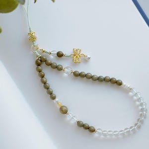 Correa para teléfono de sándalo verde natural y cristal transparente, cadena para teléfono con cuentas de Verawood, correa para teléfono con energía curativa para meditación y yoga, regalo para ella