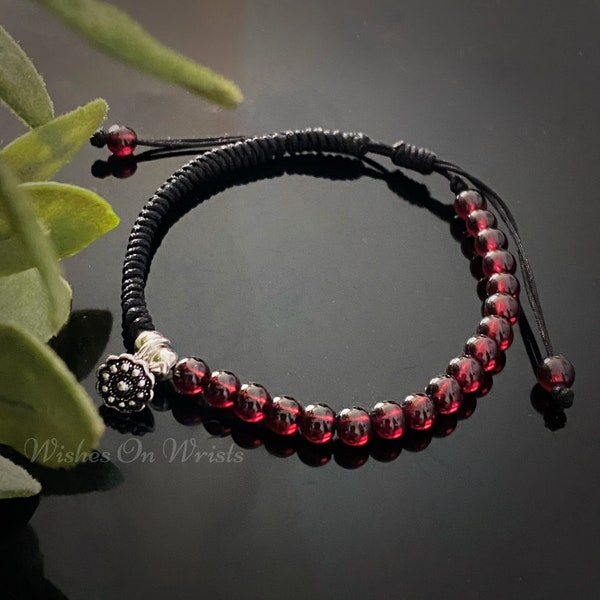 Garnet Bracelet, Silver Lotus Charm, Half Bead Half Thread Bracelet, Healing Meditation Anxiety Stress Relief Bracelet, January Birthstone