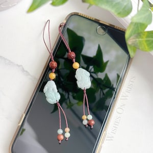 Naturlig burmesisk jadeit Pixiu-berlock, burmesisk jade av klass A snidad turrikedomspiyao-telefonberlock, väskberlock, Feng Shui-tillbehör, 翡翠貔貅