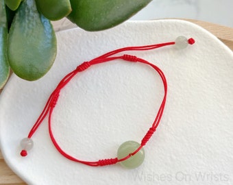 Red String Bracelet/Anklet w. Green Jade Doughnut Charm and Jade Beads, Red Lucky Wish Protection Bracelet, Adjustable Size, New Year Gift
