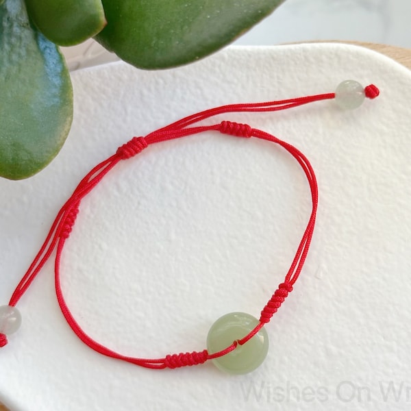 Red String Bracelet/Anklet w. Green Jade Doughnut Charm and Jade Beads, Red Lucky Wish Protection Bracelet, Adjustable Size, New Year Gift