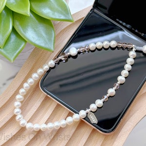 Phone Strap, Freshwater Pearl Phone Chain, Top Quality Faceted Crystal Beads Phone Charm, S925 Silver Lucky Tag Phone Wristlet, Gift for Her