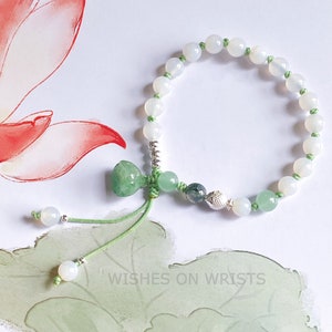 White Agate Bead Bracelet, Wealth Bracelet, Jade Lotus Seed Charm Bracelet, Wish Meditation Energy Healing Bracelet, 年年有鱼,Women Bracelet