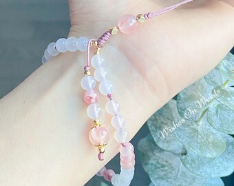 Phone Strap, Phone Chain, Healing Crystal Gemstone Phone Wristlet, White Agate Rose Quartz Phone Charm, Healing Bead Bracelet, Gift for Her