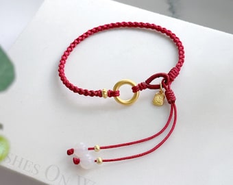 Red Lucky Bracelet, Red Bracelet w. Gold Peace Buckle & Good Fortune 福 Charm, Bracelet for Happiness,  Protection, Blessing, Lucky Charm