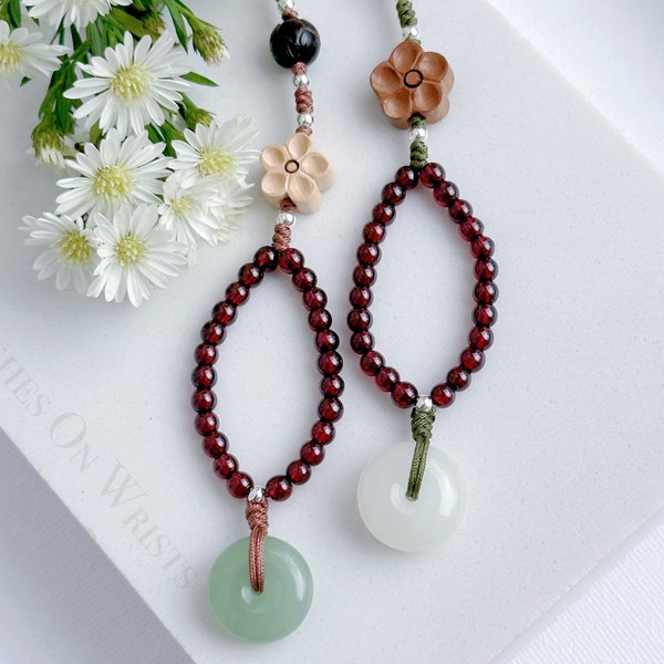 Phone Charm, Garnet Beads Phone Grip, Jade Peace Buckle Phone Chain, Wood Flower Phone Case Charm, Hanfu Accessory, Healing Crystal Gift