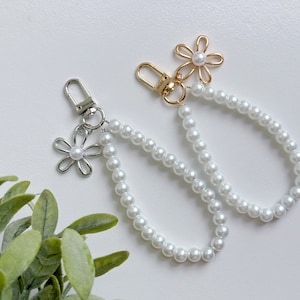 Pearl Phone Strap, Faux Pearl Phone Wristle, Flower Charm Phone Chain w. Phone Connector Patch, Purse Bag Strap, Key Chain, Gift for Her