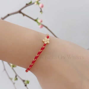 Red String Bracelet, 14K Gold Filled Peach Flower Bracelet, Red Lucky Wishes Bracelet, Bracelet for Protection, Hanfu Bracelet, Girl's Gift image 5
