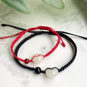 Couple Bracelets, Red/Black String Bracelet w. White Jade Peace Buckle Donut Charm, Valentine's Day Gift for Him | Her, Lunar New Year Gift