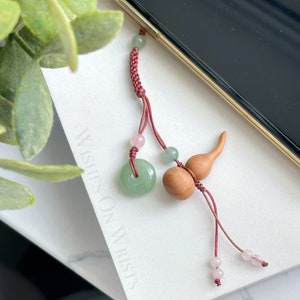 Phone Charm, Jade Peace Buckle & Wood Gourd Charm, Safety Charm Key Charm, Lucky Jade Pendant Bag Charm, Chinese Knot Jade Pendant Accessory