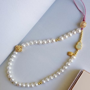 Correa para teléfono de perla auténtica, cadena con dije de calabaza de jade, cordón para teléfono, pulsera para teléfono, dije de bendición de la suerte chapado en oro, regalo para ella