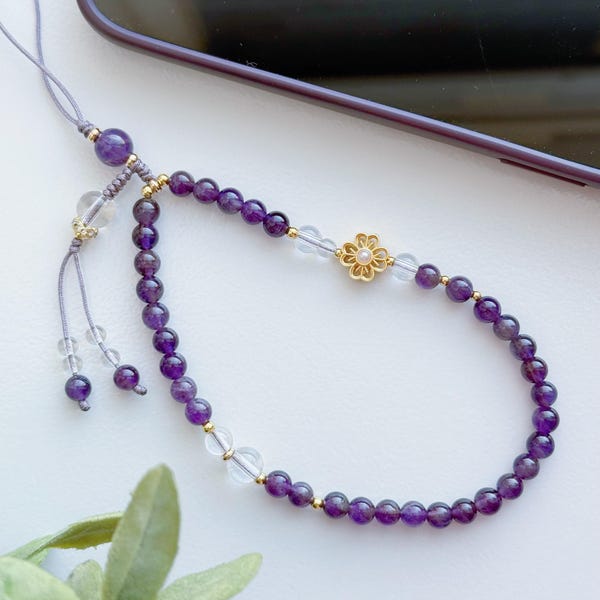 Phone Strap, Amethyst and Clear Crystal Bead Phone Strap, Healing Energy Crystal Phone Chain, Luxury Phone Wristlet, Amethyst Bracelet, Gift
