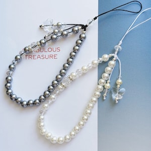 Pearl Phone Strap, Crystal Butterfly Charm, Faux Pearl Phone Strap, Beaded Wristlet, Phone Case Accessory, Gift For Her
