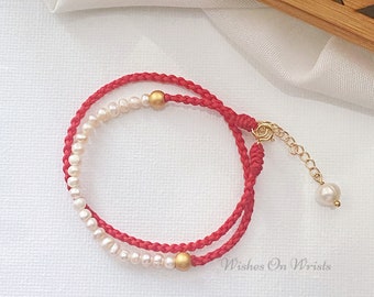 Bracelet ficelle rouge | Bracelet de perles | Bracelet mi-long superposé en perles mi-longues | Bracelet porte-bonheur Red Wish | Bracelet de protection
