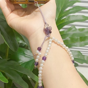 Phone Chain, Crystal Butterfly Pearl Phone Strap, Faux Pearl Phone Lanyard, Y2K Style Phone Charm, Handmade Phone Accessory, Birthstone Gift