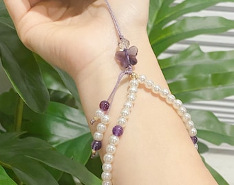 Phone Chain, Crystal Butterfly Pearl Phone Strap, Faux Pearl Phone Lanyard, Y2K Style Phone Charm, Handmade Phone Accessory, Birthstone Gift
