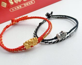 ダブル貔貅ブレスレット：シトリン、翡翠、24Kゴールドメッキの龍 
