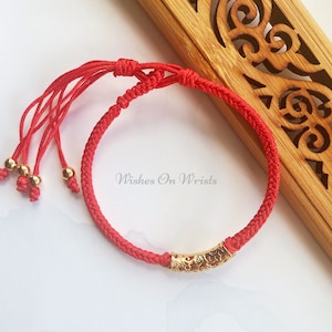 Red String Bracelet/Anklet, 18K Gold Plated Tube Charm Bracelet, Red Cord Lucky Wish Protection Bracelet, Gift for Her, Kid Bracelet
