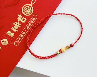 Dainty Red String Bracelet with Gold-Plated 如意 RUYI Charm – Adjustable Minimalist Cinnabar Bead Lucky Bracelet, Meaningful Blessing Gift