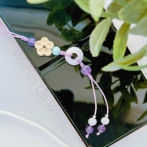 Phone Charm, Amethyst Bead Flower Phone Chain, White Jade Peace Buckle Phone Grip, Crystal Bookmark, CellPhone Case Accessory, Her Gift