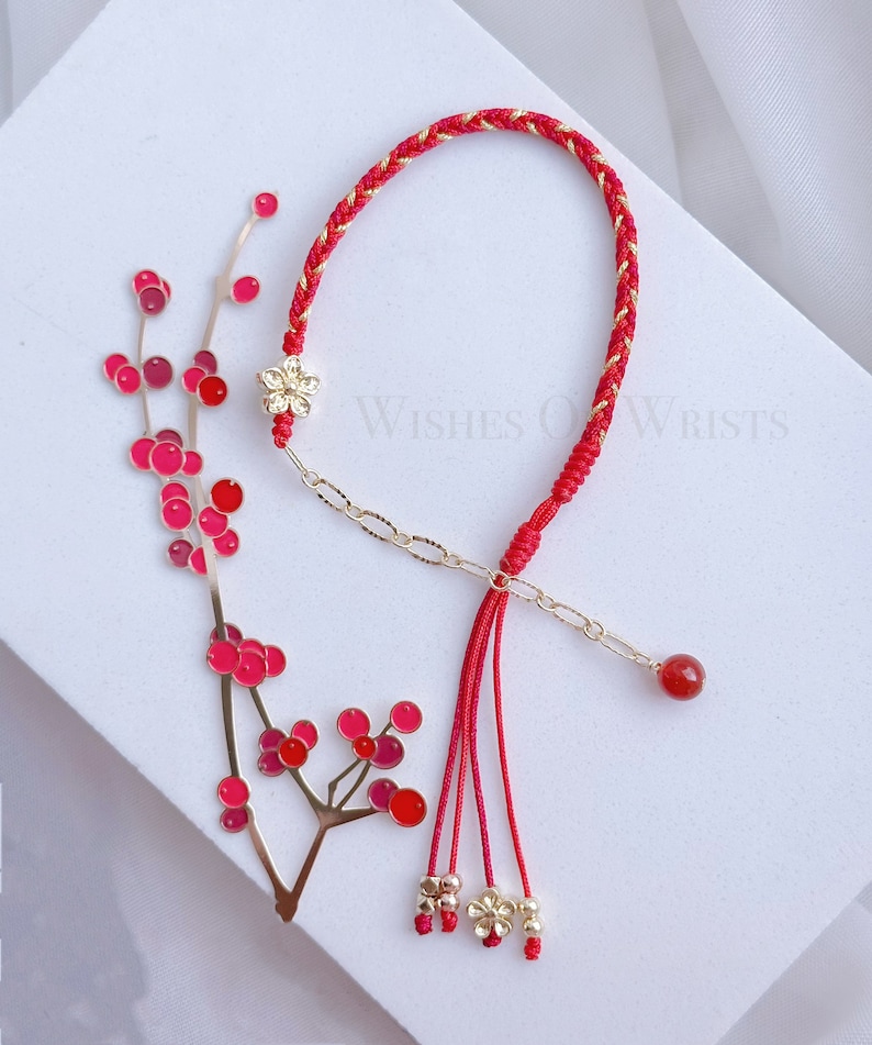 Red String Bracelet, 14K Gold Filled Peach Flower Bracelet, Red Lucky Wishes Bracelet, Bracelet for Protection, Hanfu Bracelet, Girl's Gift image 8