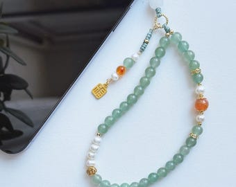 Green Aventurine Phone Strap with Freshwater Pearl, Orange Agate and Lucky 福 Charm – Beaded Gemstone Phone Charm, Prosperity & Good Fortune