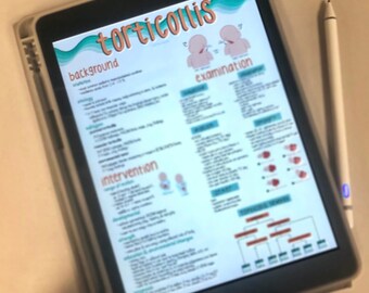May include: A digital tablet displaying a handwritten note about torticollis, a medical condition. The note includes sections on background, examination, intervention, and treatment. The note is written in a colorful and organized style.